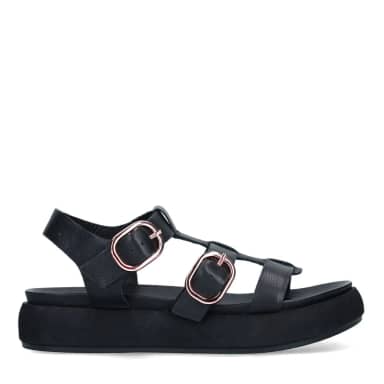 Manfield Zwarte Leren Sandalen Met Plateau Zool Met Gespsluiting
