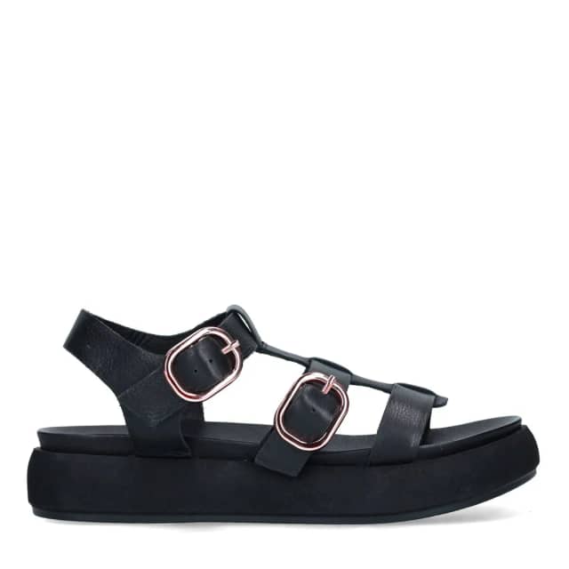 Manfield Zwarte Leren Sandalen Met Plateau Zool Met Gespsluiting