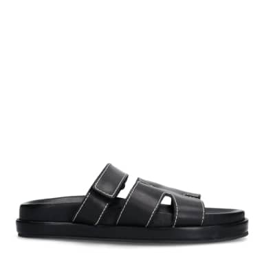 Sacha Zwarte leren slippers met klittenband