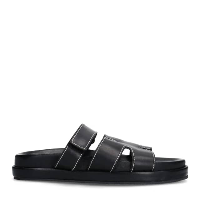 Sacha Zwarte leren slippers met klittenband