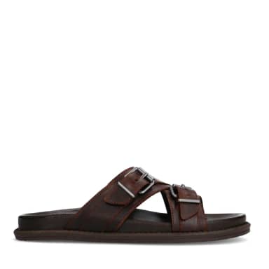 Manfield Bruine Leren Slippers Met Gespsluiting