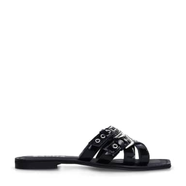 Zwarte leren buckle slippers