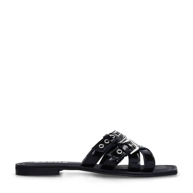 Sacha Zwarte leren buckle slippers