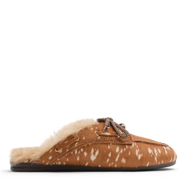 Sacha Cognac bambi print muiltjes met wol