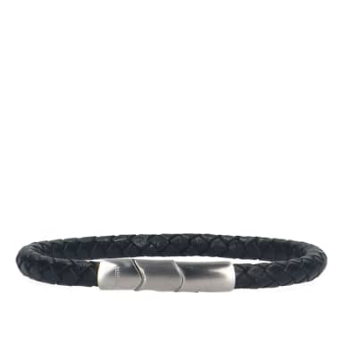 Manfield Zwarte Leren Gevlochten Heren Armband