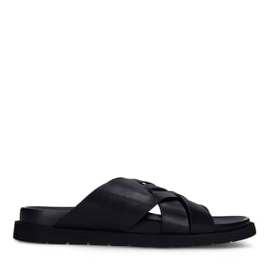 Manfield Zwarte Leren Slippers Met Gespsluiting