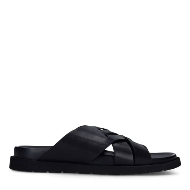 Manfield Zwarte Leren Slippers Met Gespsluiting