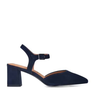 No Stress Donkerblauwe Suède Slingbacks Met Blokhak Van 6 Cm Met Gespsluiting
