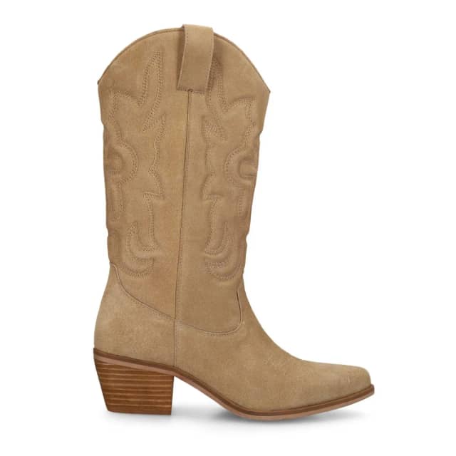 Manfield Beige Suède Cowboylaarzen Met Blokhak Van 5 Cm Met Ritssluiting