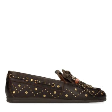 Manfield Donkerbruine Leren Loafers Met Gouden Studs
