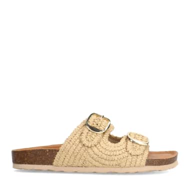 Manfield Manfield Beige Raffia Slippers Met Plateau Zool Met Gespsluiting