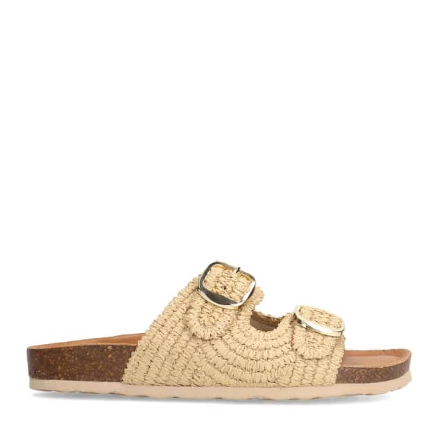 Manfield Beige Raffia Slippers Met Plateau Zool Met Gespsluiting