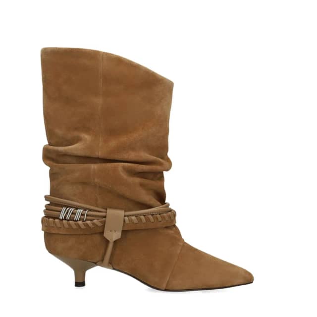 Sacha Beige suède slouchy enkellaarsjes met hak