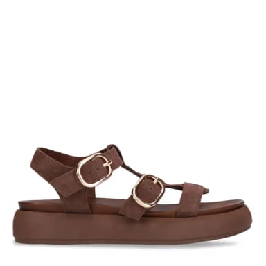 Manfield Bruine Suède Sandalen Met Plateau Zool Met Gespsluiting