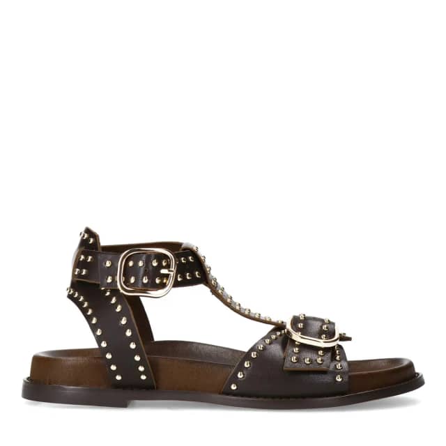 Sacha Donkerbruine leren sandalen met goudkleurige buckles en studs