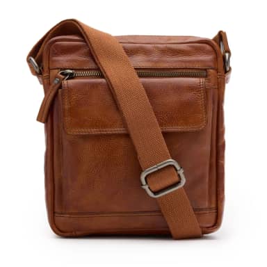 Manfield Cognac Leren Unisex Schoudertas Met Ritssluiting