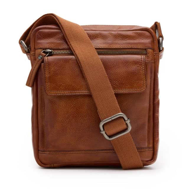 Manfield Cognac Leren Unisex Schoudertas Met Ritssluiting