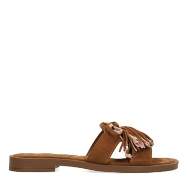 Manfield Cognac Suède Slippers Met Franjes Met Veters