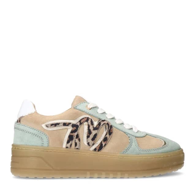 Manfield Beige Suède Sneakers Met Mint Groene Details Met Plateau Zool Met Veters