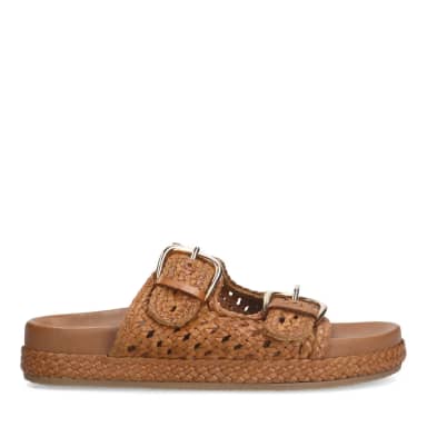 Manfield Manfield Cognac Leren Slippers Met Plateau Zool Met Gespsluiting