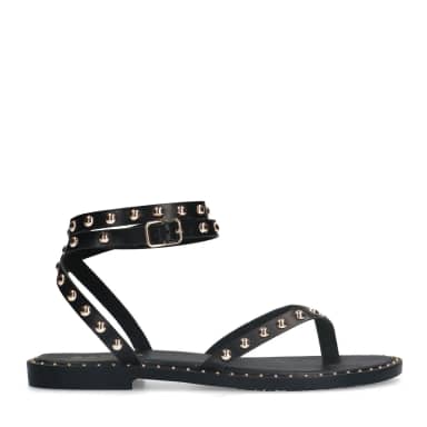 Sacha Zwarte leren platte sandalen met goudkleurige studs