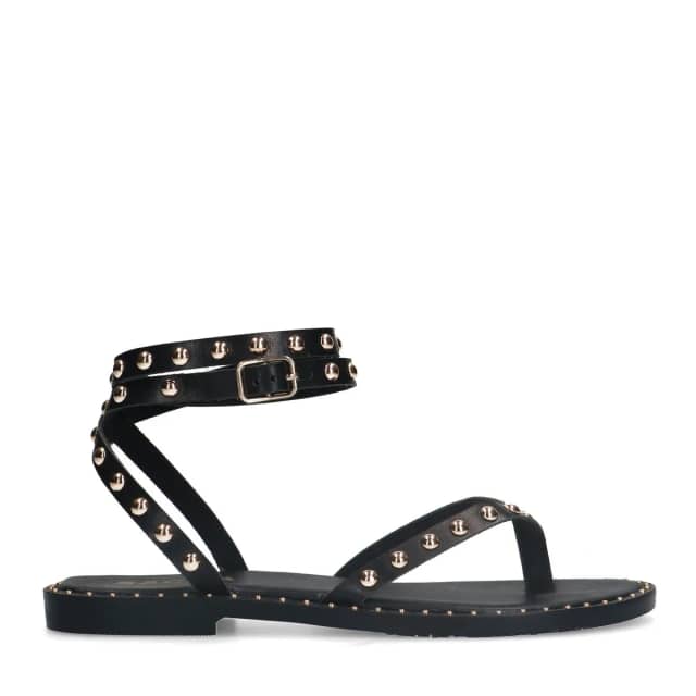 Sacha Zwarte leren platte sandalen met goudkleurige studs