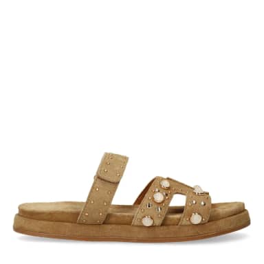 Manfield Cognac Suède Slippers Met Bandje Met Plateau Zool Met Klittenband Sluiting