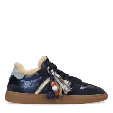 Manfield Donkerblauwe Leren Sneakers Met Suède Details Met Veters