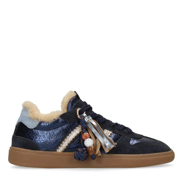 Manfield Donkerblauwe Leren Sneakers Met Suède Details Met Veters