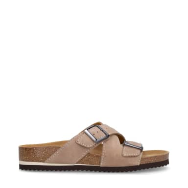 Manfield Beige Suède Slippers Met Gespsluiting