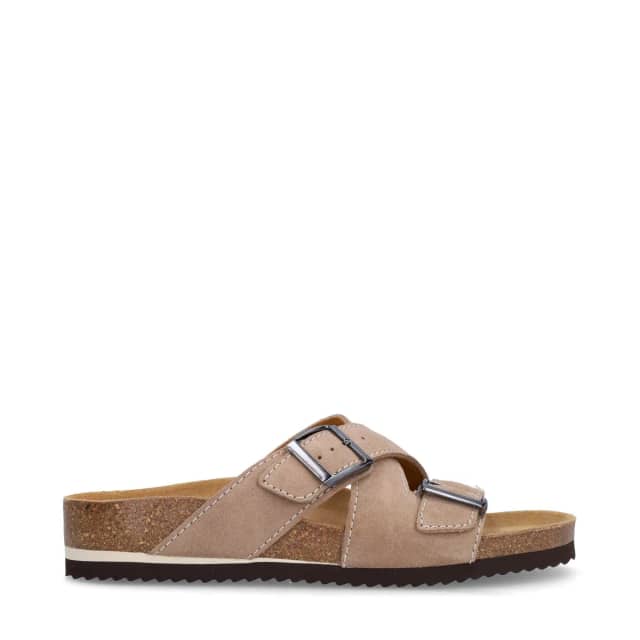 Manfield Beige Suède Slippers Met Gespsluiting