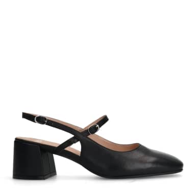 Manfield Zwarte Leren Slingbacks Met Blokhak Van 6 Cm Met Gespsluiting