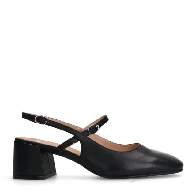 Manfield Zwarte Leren Slingbacks Met Blokhak Van 6 Cm Met Gespsluiting