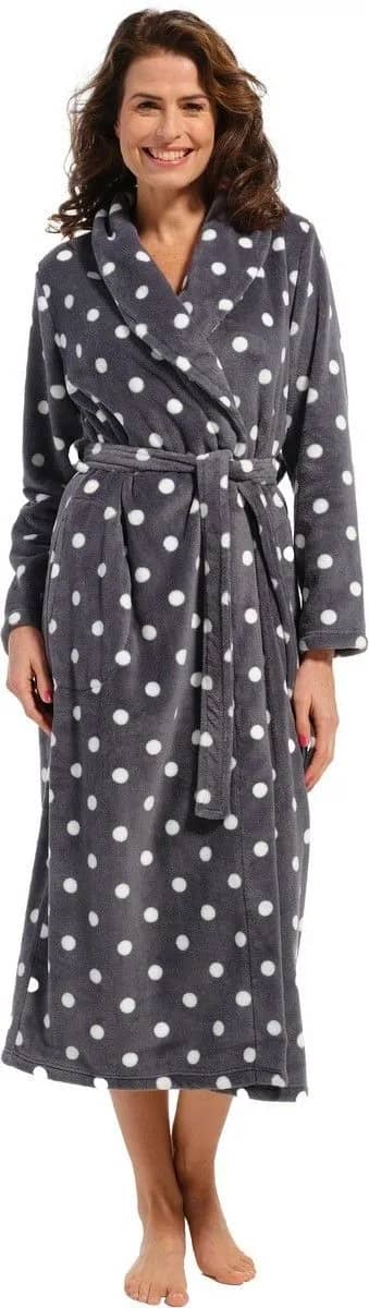 Pastunette Grijze fleece damesbadjas met stippen