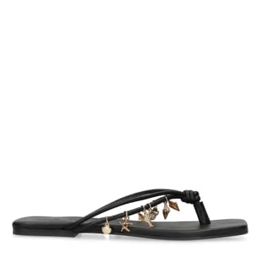 Zwarte leren slippers met goudkleurige charms