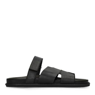 Manfield Zwarte Leren Slippers Met Klittenband Sluiting