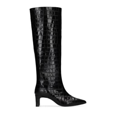Manfield Zwarte Leren Hoge Laarzen Met Croco Print Met Rechte Hak Van 6 Cm