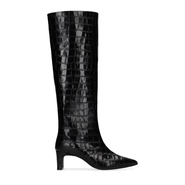 Manfield Zwarte Leren Hoge Laarzen Met Croco Print Met Rechte Hak Van 6 Cm