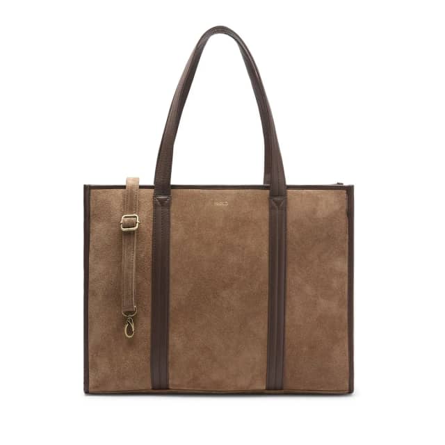 Manfield 18 Inch Taupe Suède Shopper Met Leren Details Met Ritssluiting