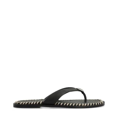 Sacha Zwarte leren slippers met zilverkleurig detail