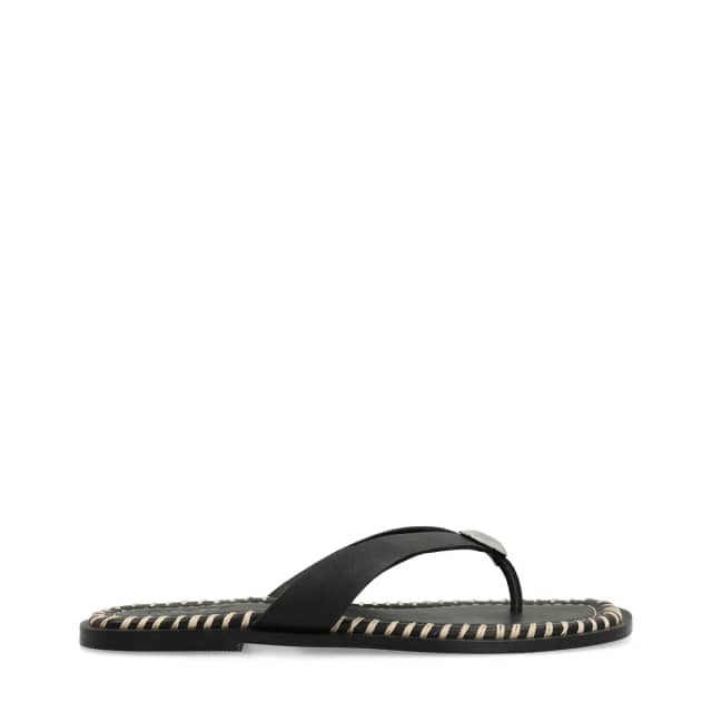 Sacha Zwarte leren slippers met zilverkleurig detail