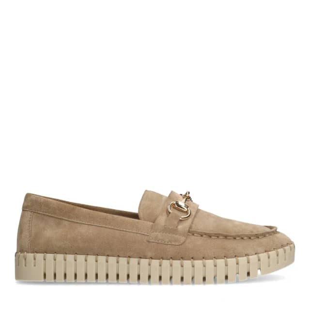 Manfield Beige Suède Loafer Met Goudkleurig Detail Met Plateau Zool