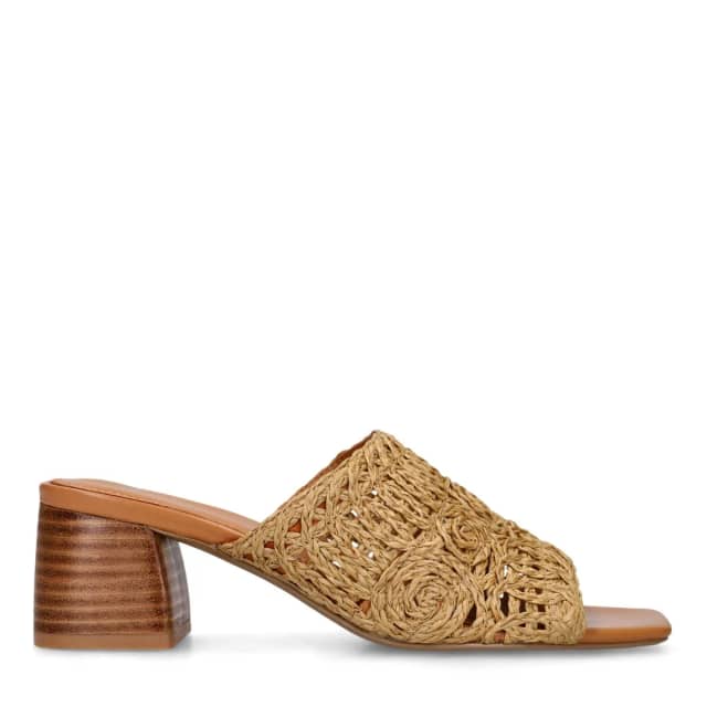 Manfield Cognac Raffia Sandalen Met Hak