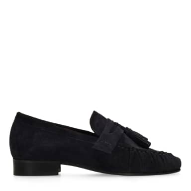 Manfield Donkerblauwe Suède Loafers Met Kwastjes