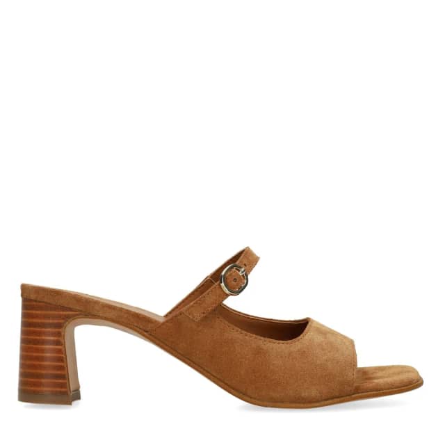 Manfield Cognac Suède Sandalen Met Hak Met Gespsluiting