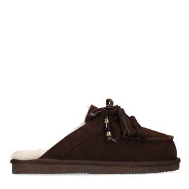 Manfield Manfield Donkerbruine Suède Pantoffels Met Bontvoering