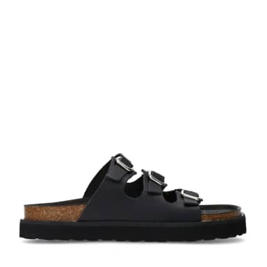 Sacha Zwarte leren slippers met buckles