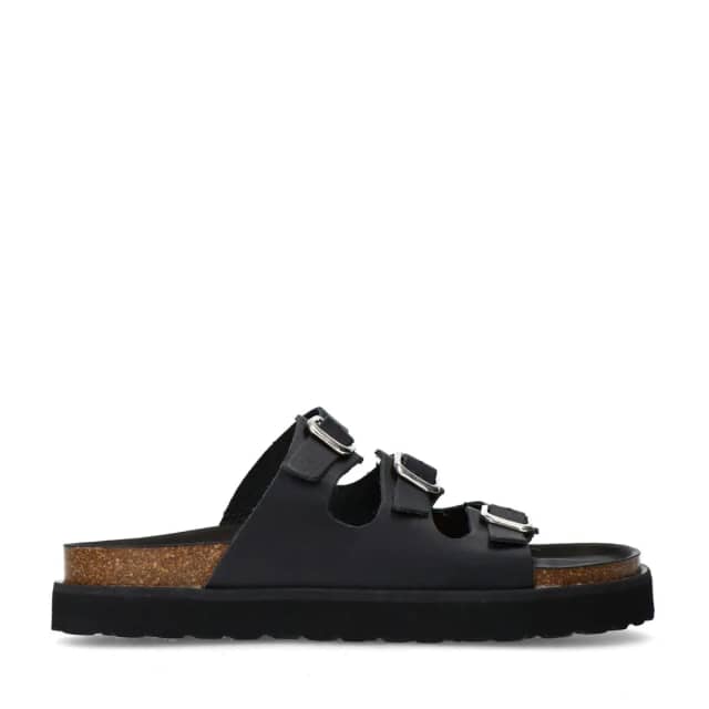 Sacha Zwarte leren slippers met buckles