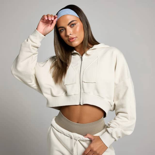 Myprotein MP geropte hoodie met rits en opgestikt motief - Beenwit