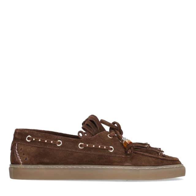 Manfield Bruine Suède Boatloafers Met Franjes Met Veters